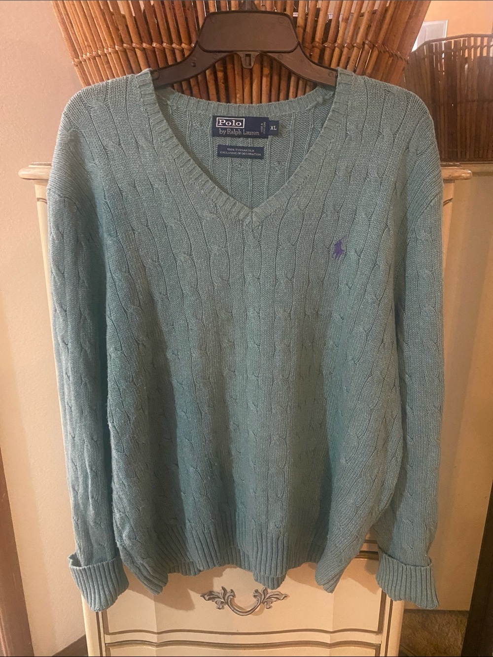 Polo by Ralph Lauren - Vintage 90s- Sage Green -Cable Silk V-Neck Sweater Pony